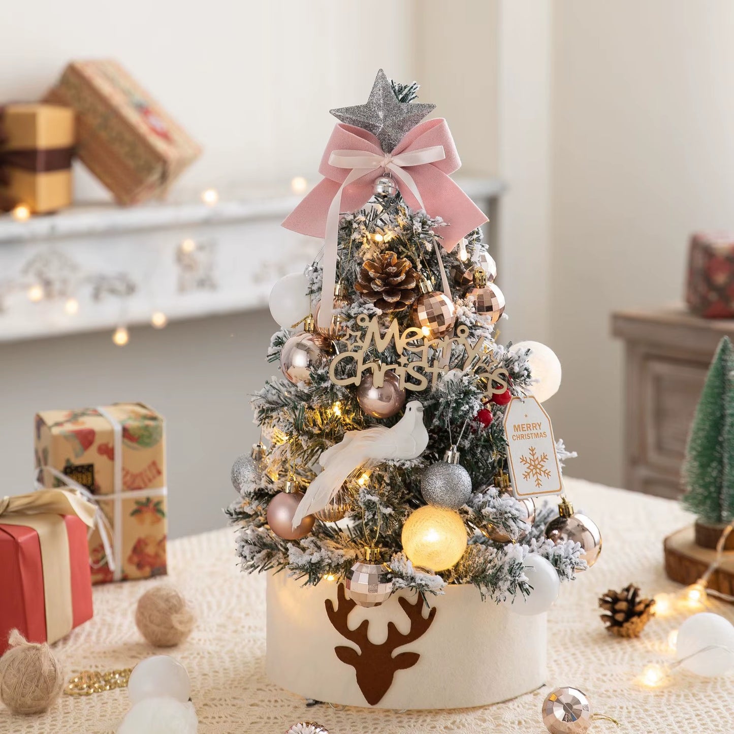 2025Desktop Mini Christmas Tree Set 60Cm, Pink, with Lights, Flocked Christmas Decorations