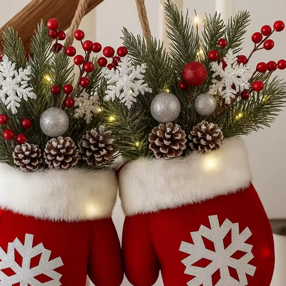 1Pcs Twinkling Christmas Mitten Wreath Christmas Lighted Werath Front Door Artificial Garland for Party Wall Decoration
