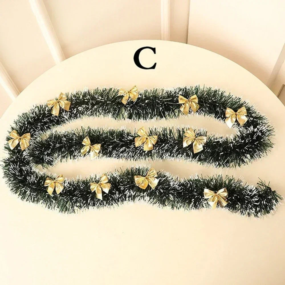 2M Christmas Green Cane Ribbons Garland with LED Lights, DIY Xmas Tree Ornaments, Christmas Rattan Wreath Home Party Decoration