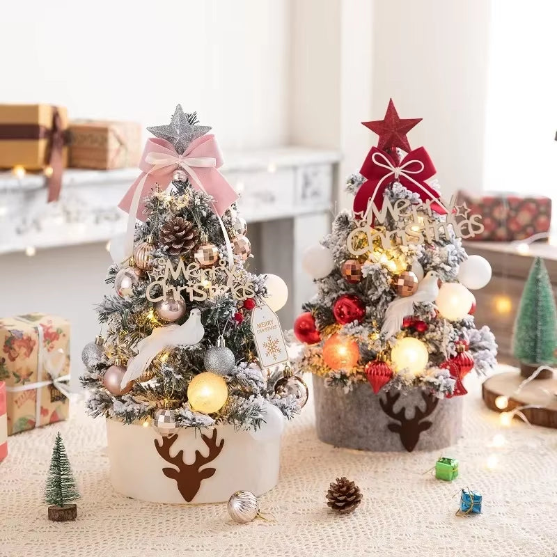 2025Desktop Mini Christmas Tree Set 60Cm, Pink, with Lights, Flocked Christmas Decorations