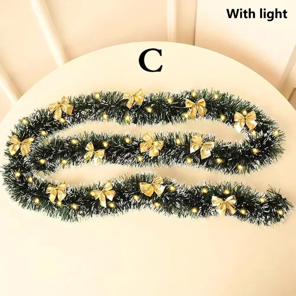 2M Christmas Green Cane Ribbons Garland with LED Lights, DIY Xmas Tree Ornaments, Christmas Rattan Wreath Home Party Decoration