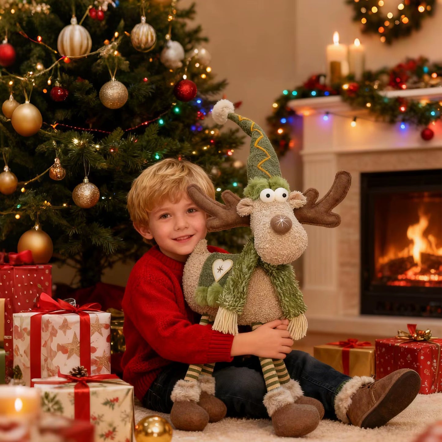 Retractable Reindeer Doll Christmas Festive Christmas Figurines Deco Stuffed Reindeer Doll Ornament for Window Party Hotel Home