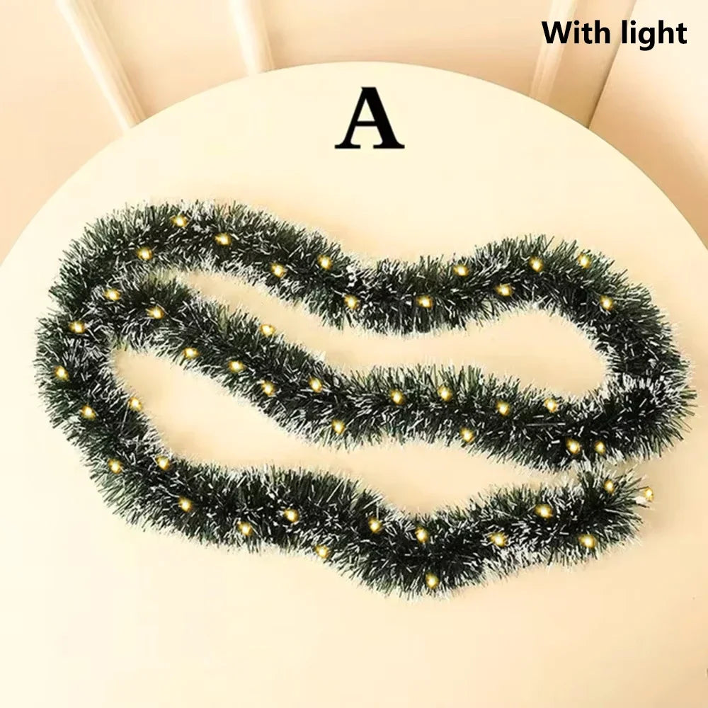2M Christmas Green Cane Ribbons Garland with LED Lights, DIY Xmas Tree Ornaments, Christmas Rattan Wreath Home Party Decoration