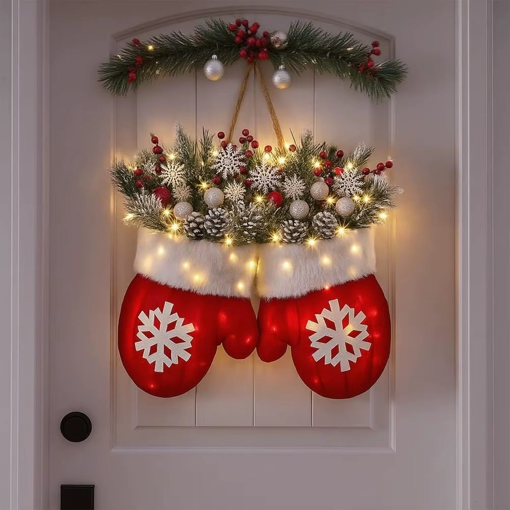 1Pcs Twinkling Christmas Mitten Wreath Christmas Lighted Werath Front Door Artificial Garland for Party Wall Decoration