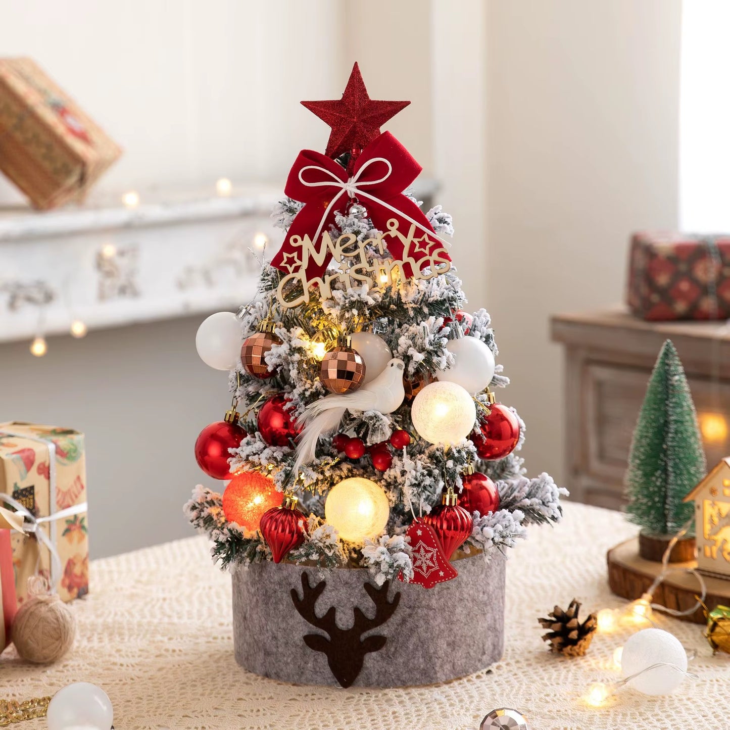 2025Desktop Mini Christmas Tree Set 60Cm, Pink, with Lights, Flocked Christmas Decorations
