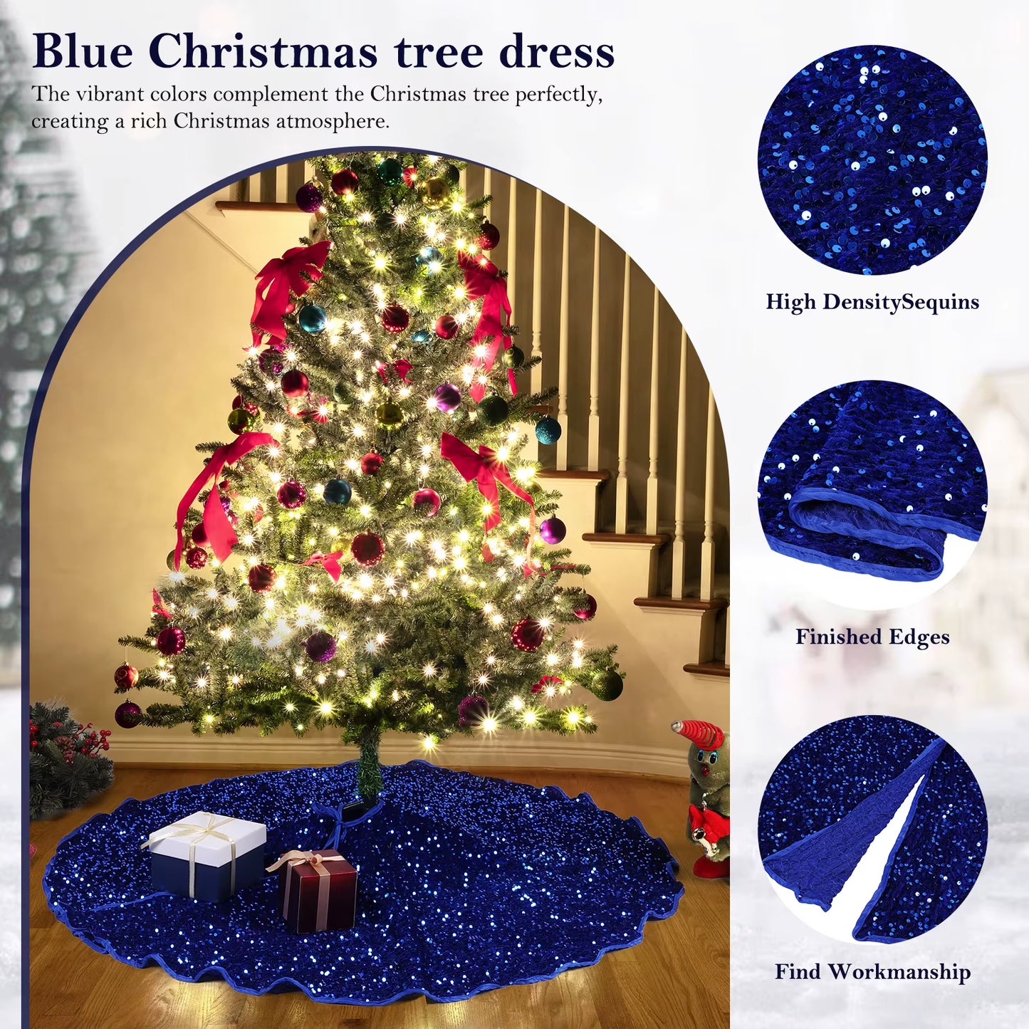 47.5In Christmas Tree Skirt Blue Sequins Tree Skirts for Xmas Tree Decoration round Sparkling Holiday Tree Ornament for New Year