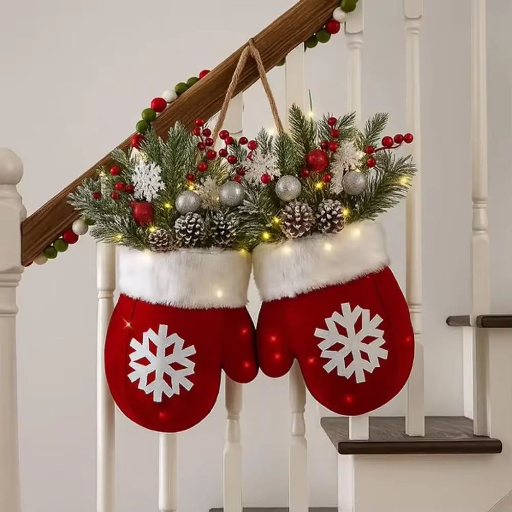 1Pcs Twinkling Christmas Mitten Wreath Christmas Lighted Werath Front Door Artificial Garland for Party Wall Decoration