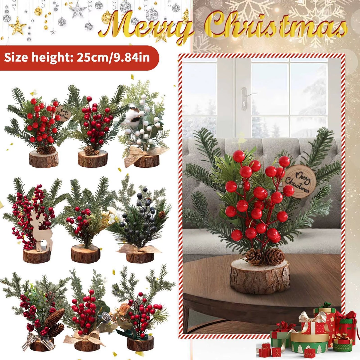 Christmas Decoration Desktop Small Tree Simulation Flower Wreath Ornament New Year Decoration Red Fruit Small Tree Artificial
