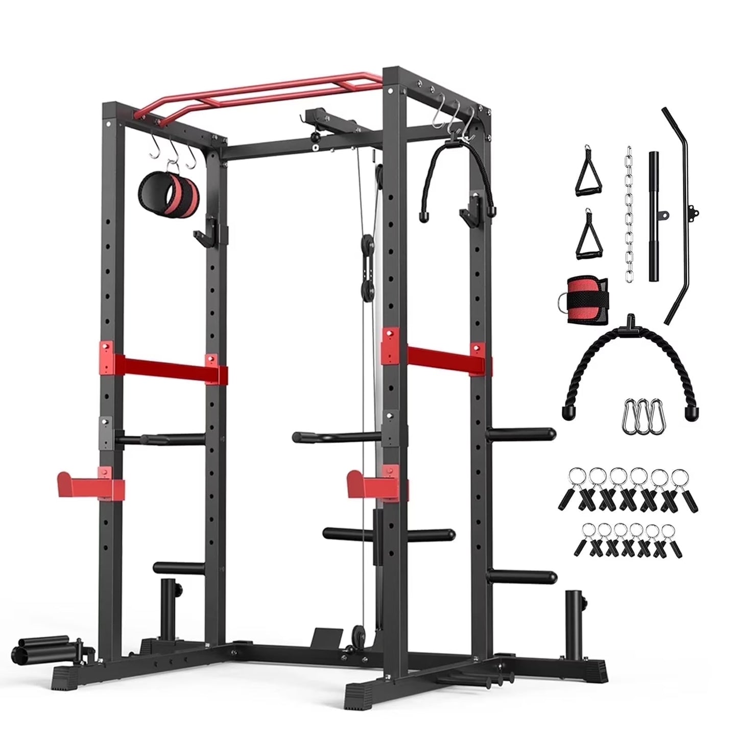 Power Cage,1200Lbs Multi-Function Power Rack with with Lat Pulldown and More Training Attachment, Weight Cage for Home Gym