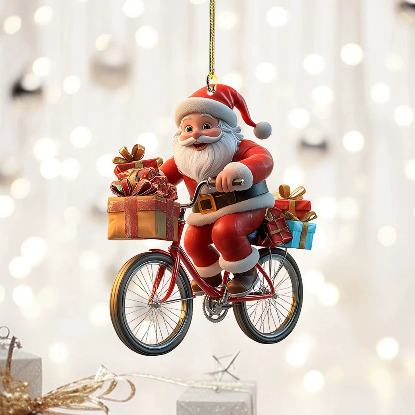 2D Acrylic Winter Decorative Hanging Cartoon Santa Claus Bicycle Gifts Christmas Pendants Christmas Tree Decoration