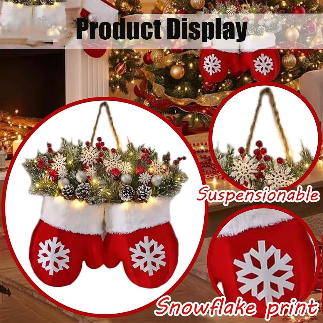 1Pcs Twinkling Christmas Mitten Wreath Christmas Lighted Werath Front Door Artificial Garland for Party Wall Decoration