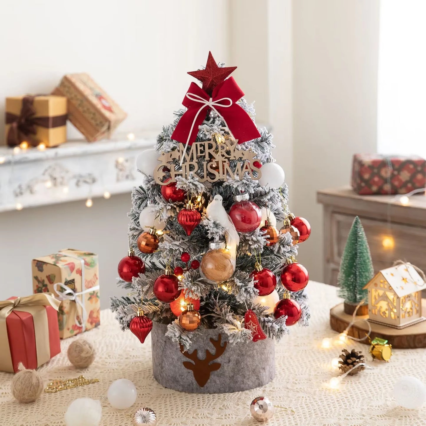 2025Desktop Mini Christmas Tree Set 60Cm, Pink, with Lights, Flocked Christmas Decorations
