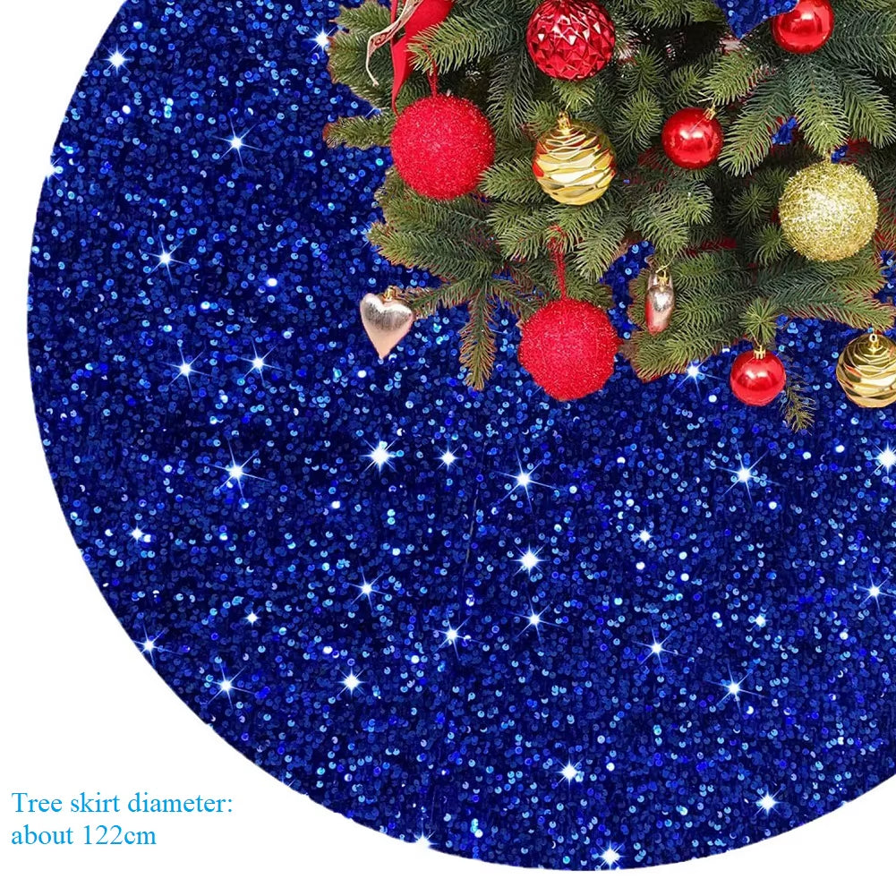 47.5In Christmas Tree Skirt Blue Sequins Tree Skirts for Xmas Tree Decoration round Sparkling Holiday Tree Ornament for New Year