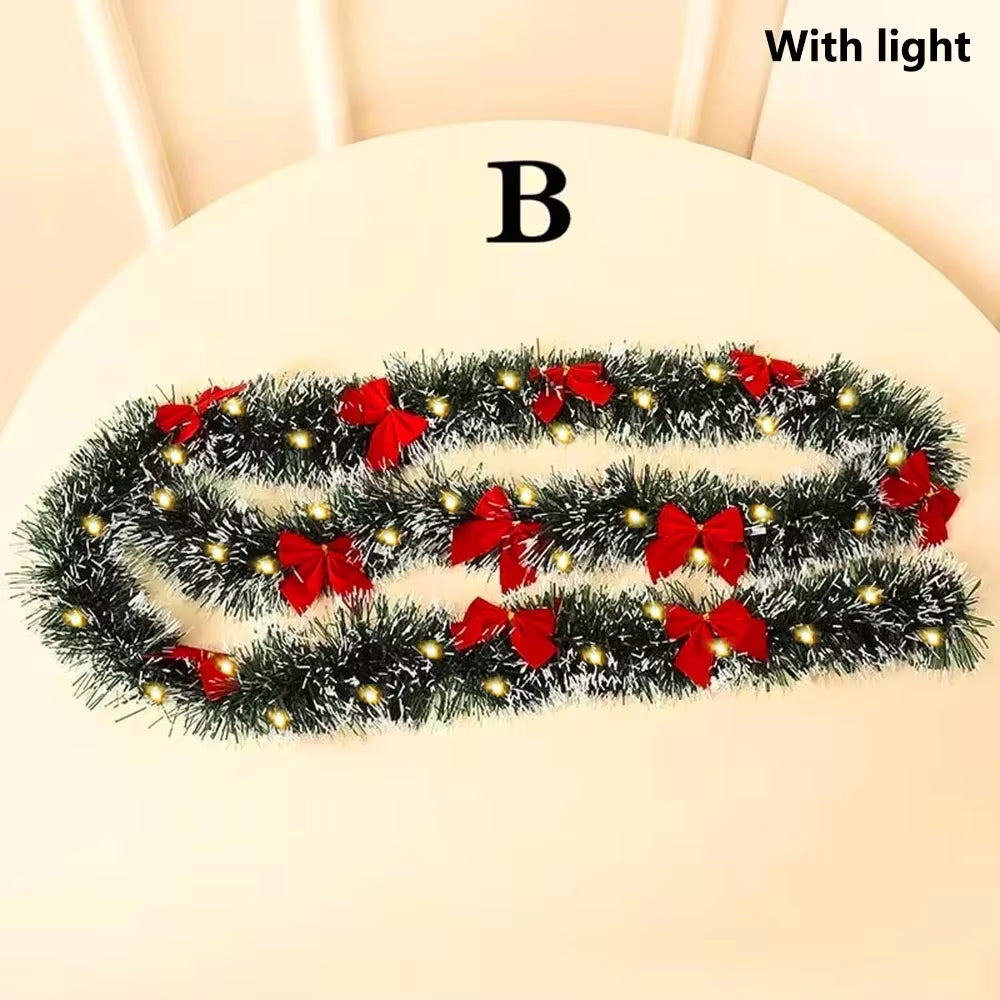 2M Christmas Green Cane Ribbons Garland with LED Lights, DIY Xmas Tree Ornaments, Christmas Rattan Wreath Home Party Decoration