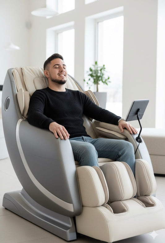 Man sitting in a modern massage chair in a bright room.