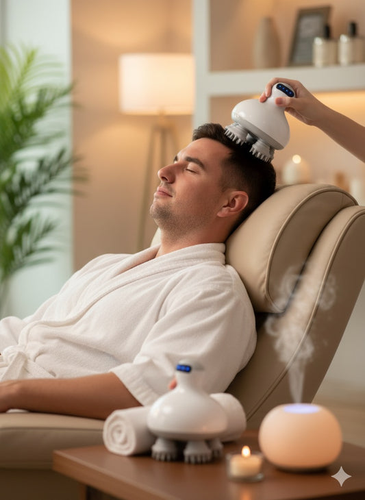 Man receiving scalp massage with a handheld device in a spa setting