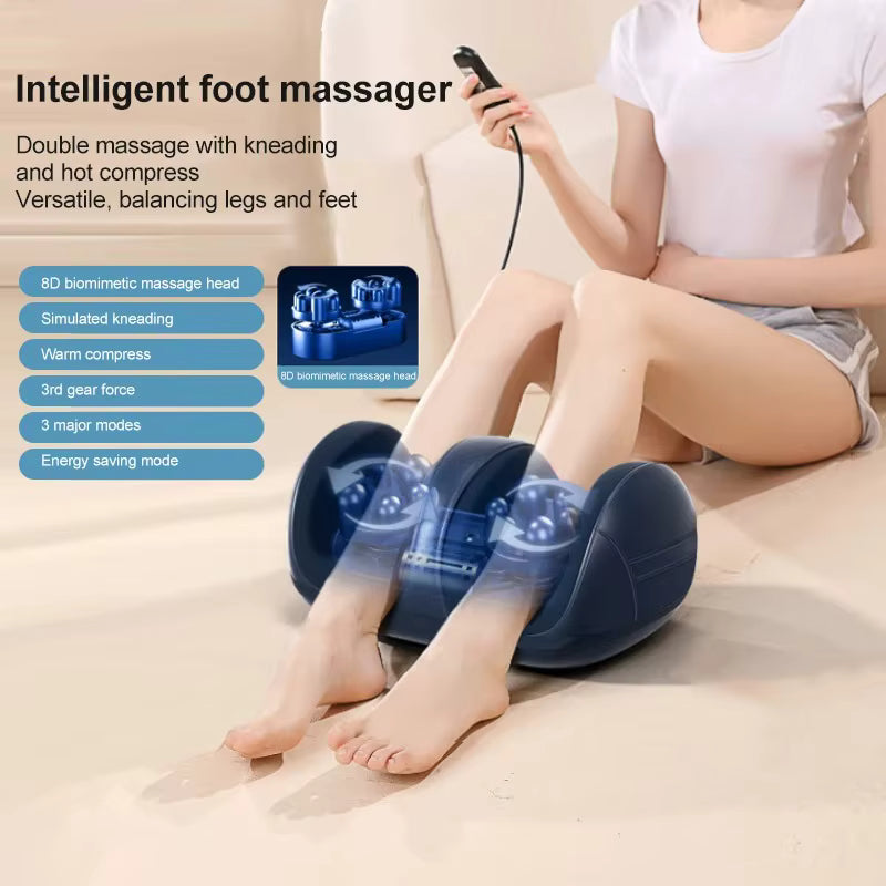 Intelligent foot massager being used on a person's feet with product details displayed.