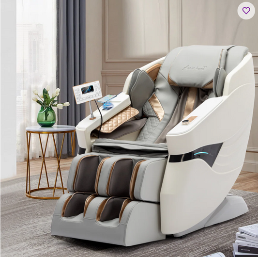 Massage chair in a modern room with a small table and decorative items.