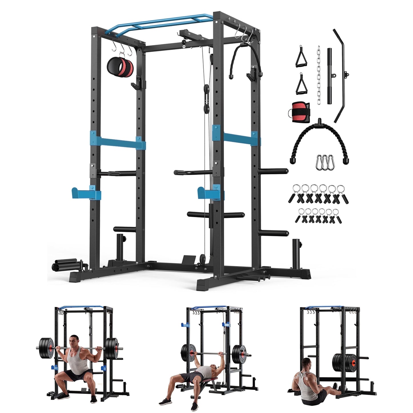 Power Cage,1200Lbs Multi-Function Power Rack with with Lat Pulldown and More Training Attachment, Weight Cage for Home Gym