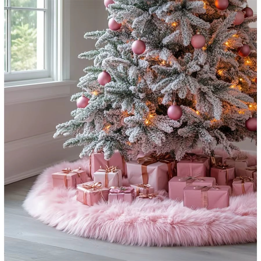 48 Inch Faux Fur Christmas Tree Skirt Pink Plush Skirt for Merry Christmas Party Christmas Tree Decoration