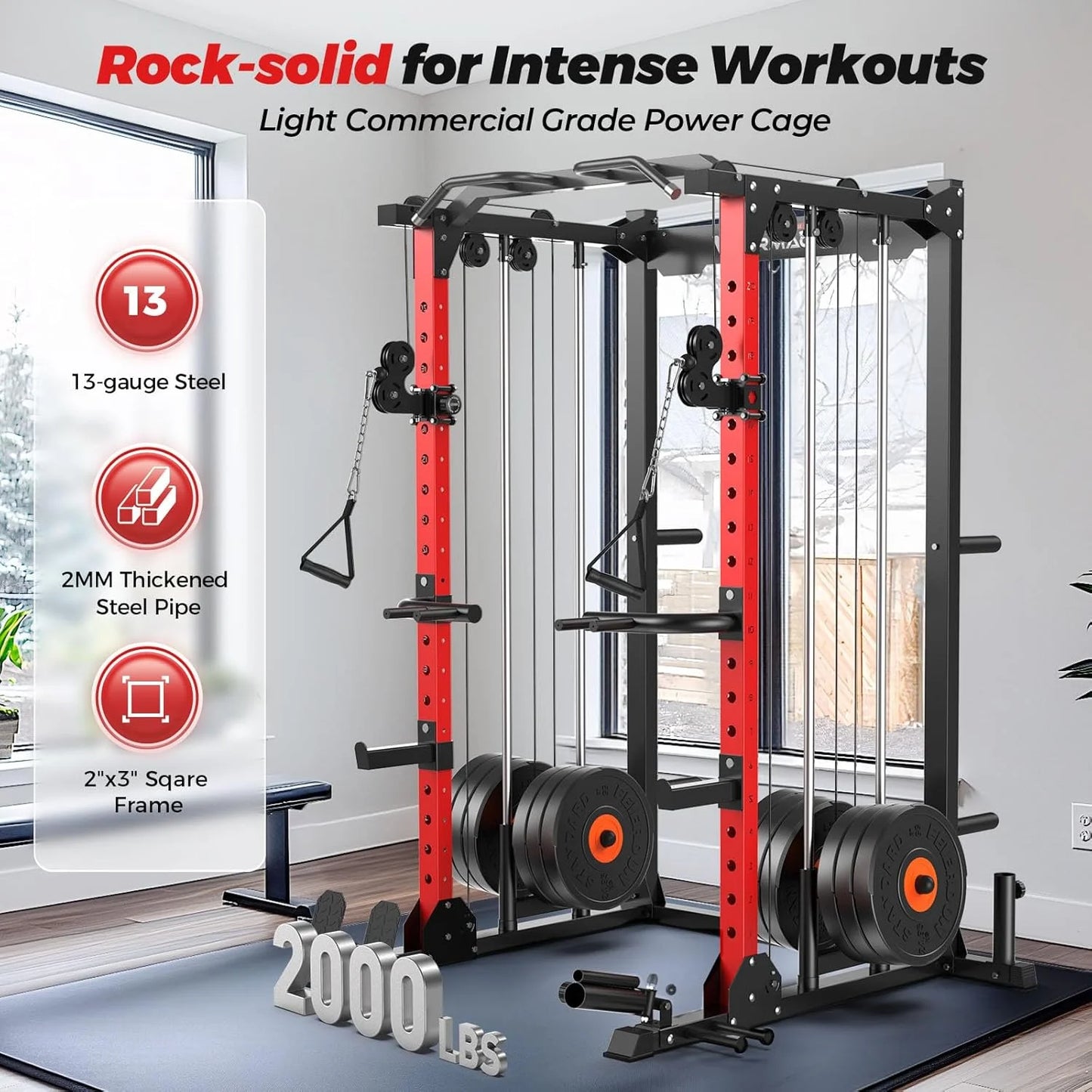 Multi-Functional Power Rack-2000Lbs Capacity All-In-One Squat Rack with Dual Pulley System, Power Cage for Home Gym Strength Training