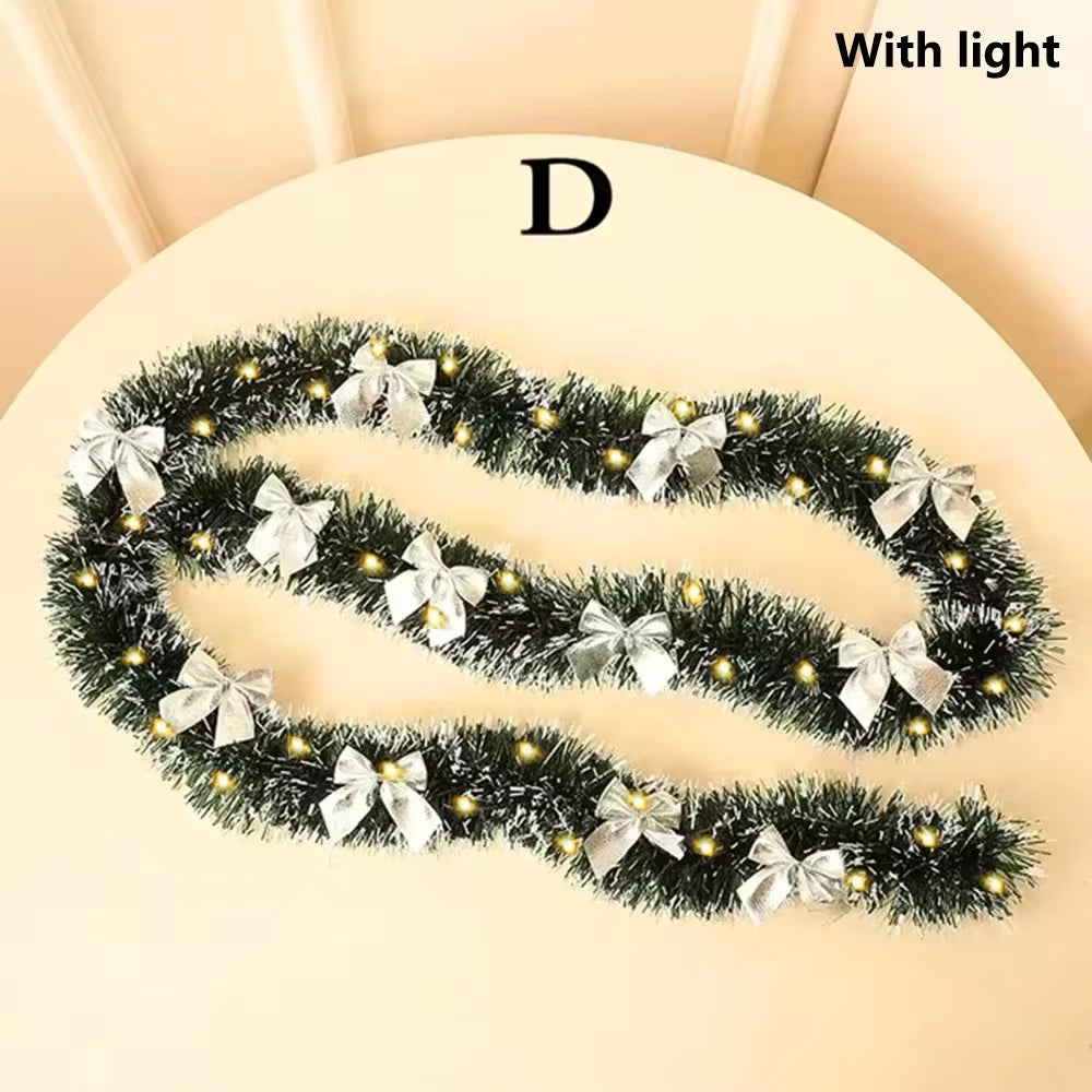 2M Christmas Green Cane Ribbons Garland with LED Lights, DIY Xmas Tree Ornaments, Christmas Rattan Wreath Home Party Decoration