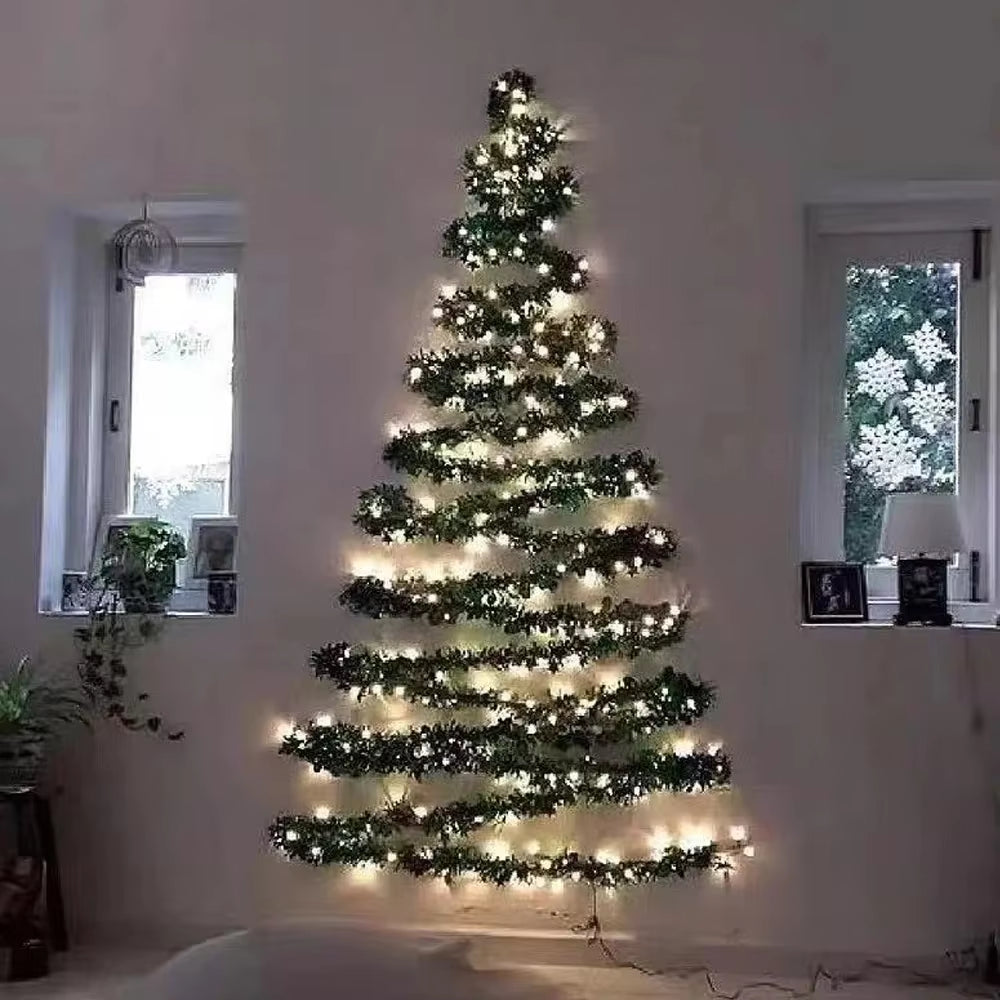 2M Christmas Green Cane Ribbons Garland with LED Lights, DIY Xmas Tree Ornaments, Christmas Rattan Wreath Home Party Decoration