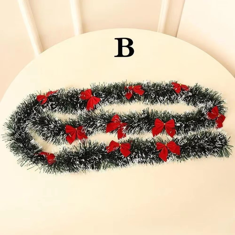 2M Christmas Green Cane Ribbons Garland with LED Lights, DIY Xmas Tree Ornaments, Christmas Rattan Wreath Home Party Decoration