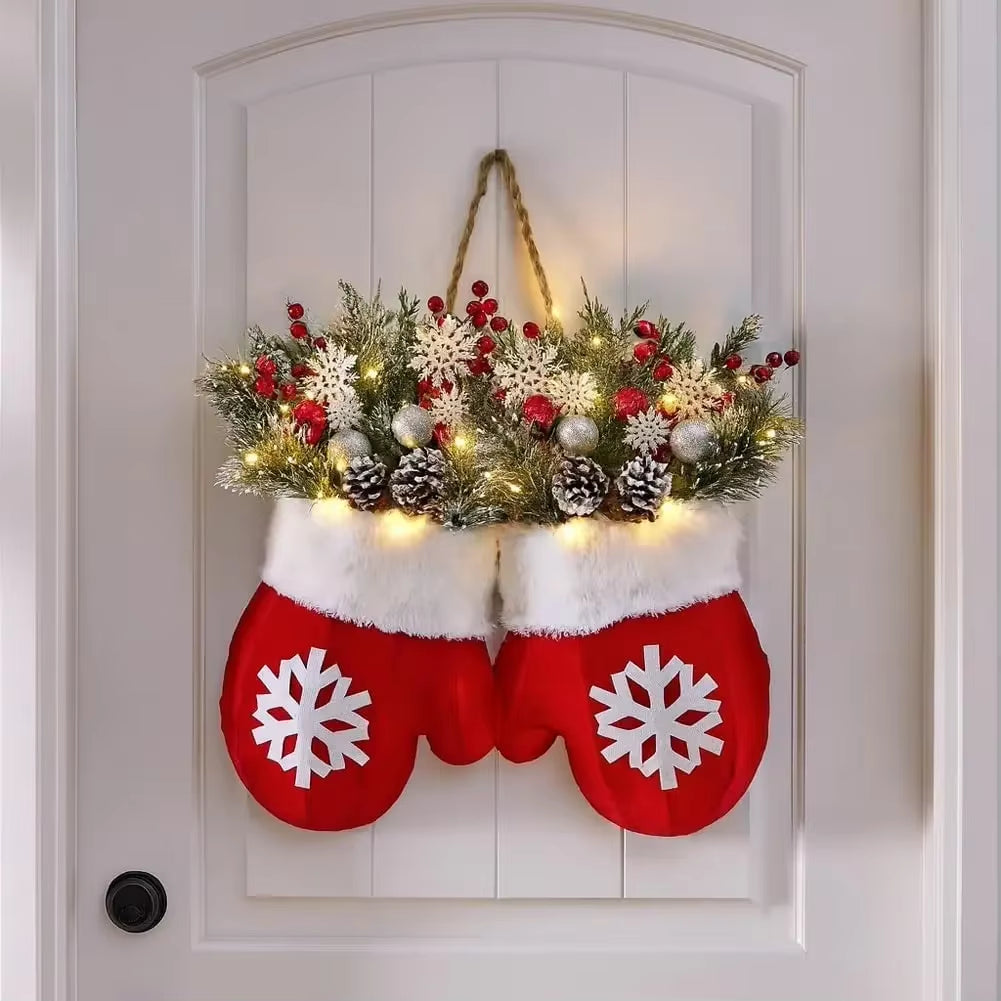 1Pcs Twinkling Christmas Mitten Wreath Christmas Lighted Werath Front Door Artificial Garland for Party Wall Decoration