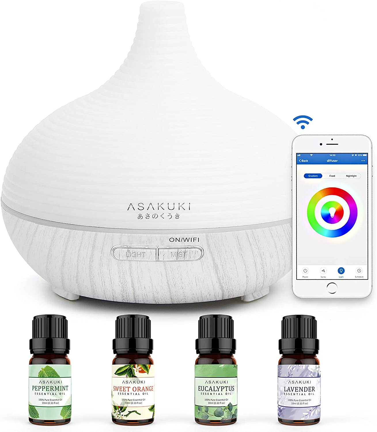 ASAKUKI Smart Wifi Essential Oil Diffuser with 4 Essential Oils Set