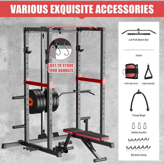 Power Cage,1200Lbs Multi-Function Power Rack with with Lat Pulldown and More Training Attachment, Weight Cage for Home Gym