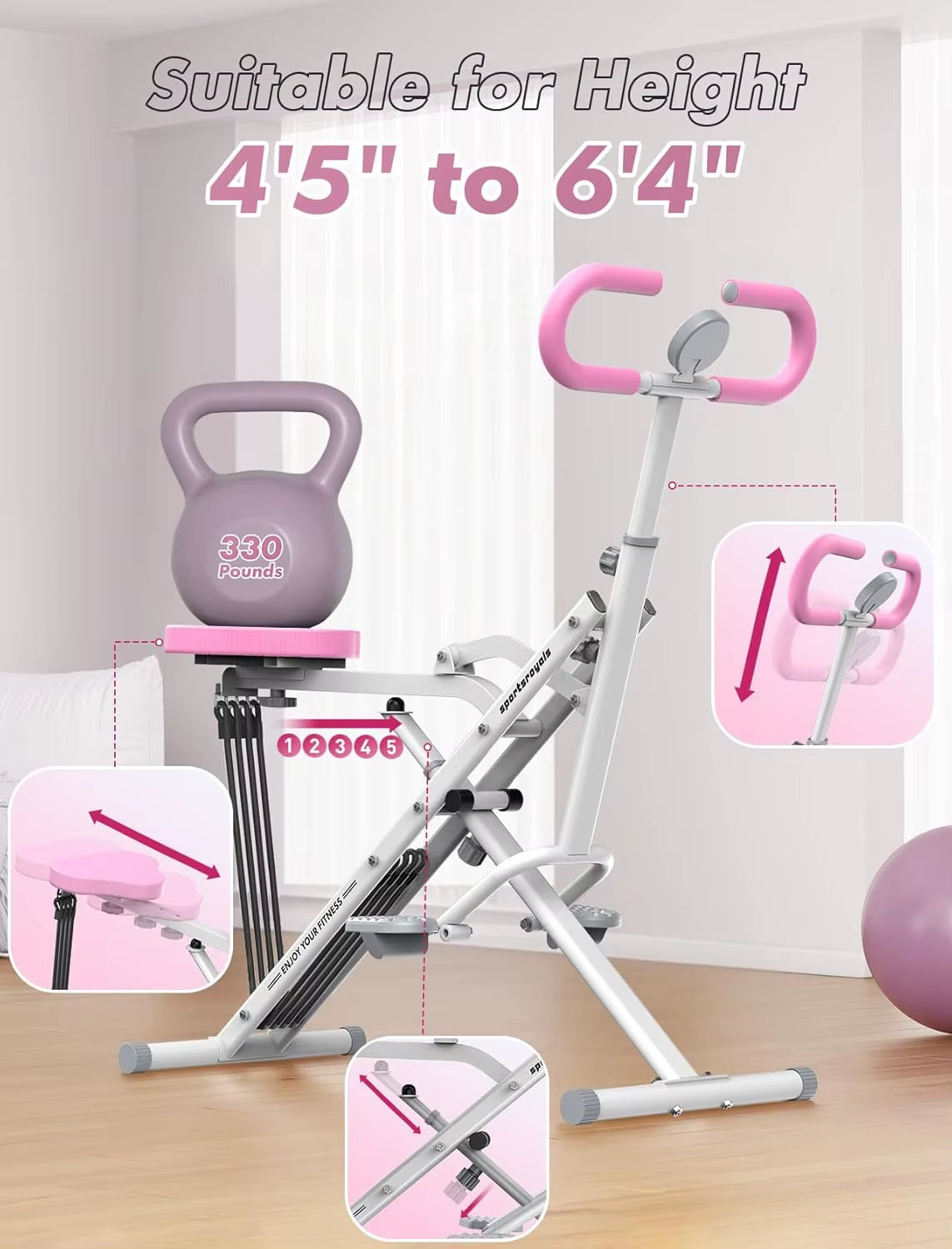 Pink Squat Machine - Home Gym with 4 Resistance Bands - SP!NECK™