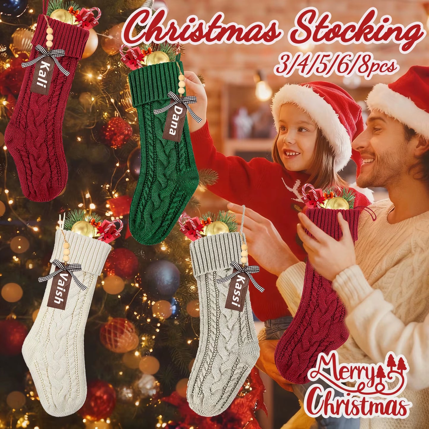 3/4/5/6/8Pcs Christmas Stockings 18In Large Size Cable Knit Stocking Gifts Kids New Year Gift Decor for Family Holiday Party