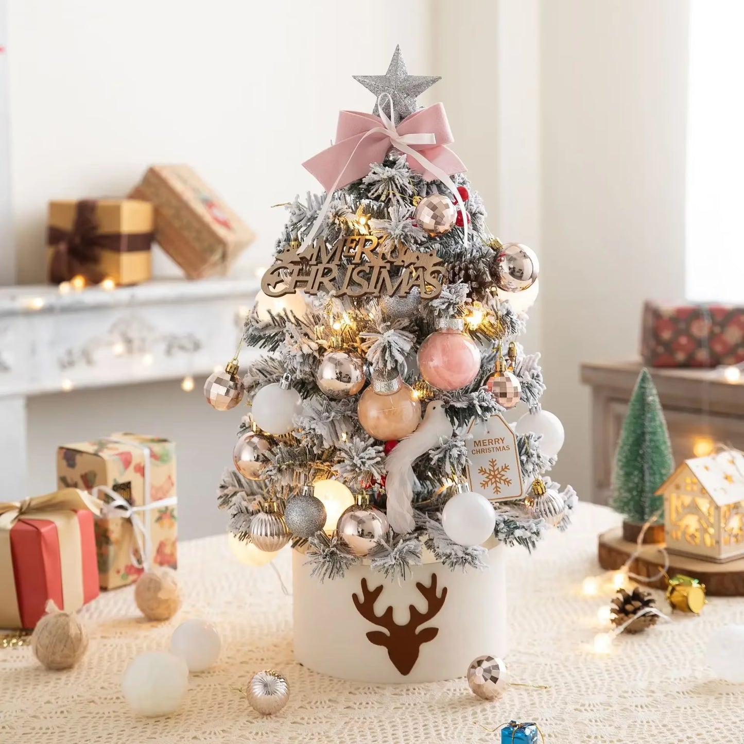 2025Desktop Mini Christmas Tree Set 60Cm, Pink, with Lights, Flocked Christmas Decorations