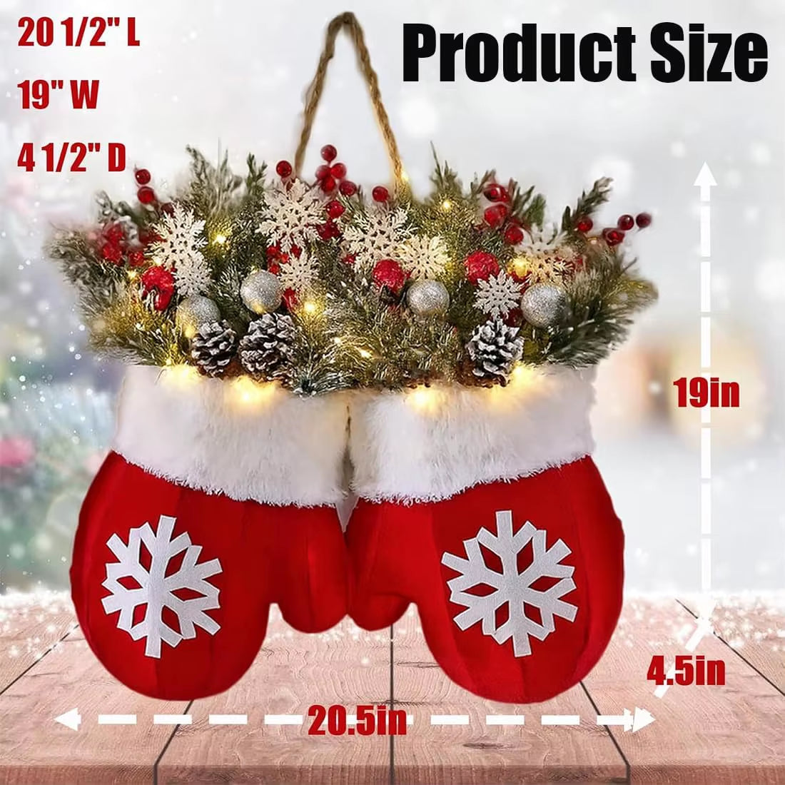 1Pcs Twinkling Christmas Mitten Wreath Christmas Lighted Werath Front Door Artificial Garland for Party Wall Decoration