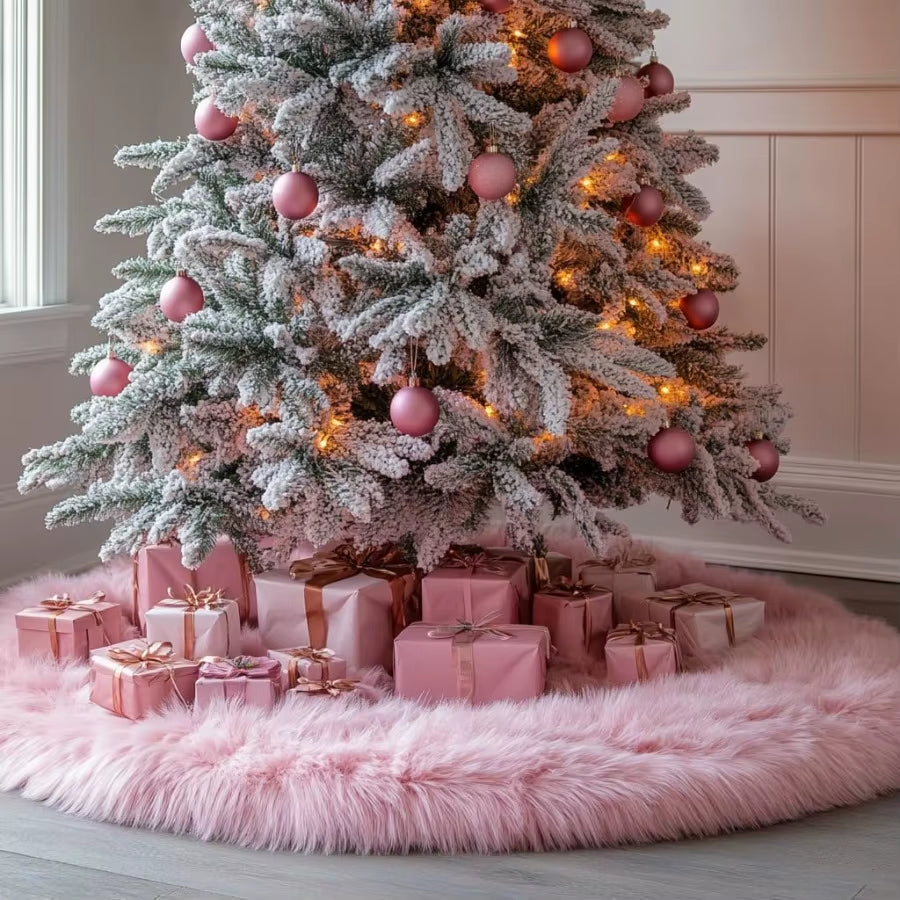 48 Inch Faux Fur Christmas Tree Skirt Pink Plush Skirt for Merry Christmas Party Christmas Tree Decoration