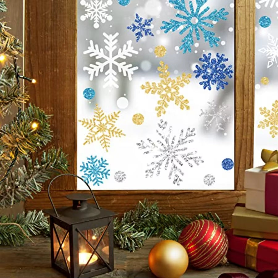 541Pcs Winter Snowflake Window Clings Stickers Doublesided White Silver Blue Gold Christmas Decals for Frozen New Year Home Sho