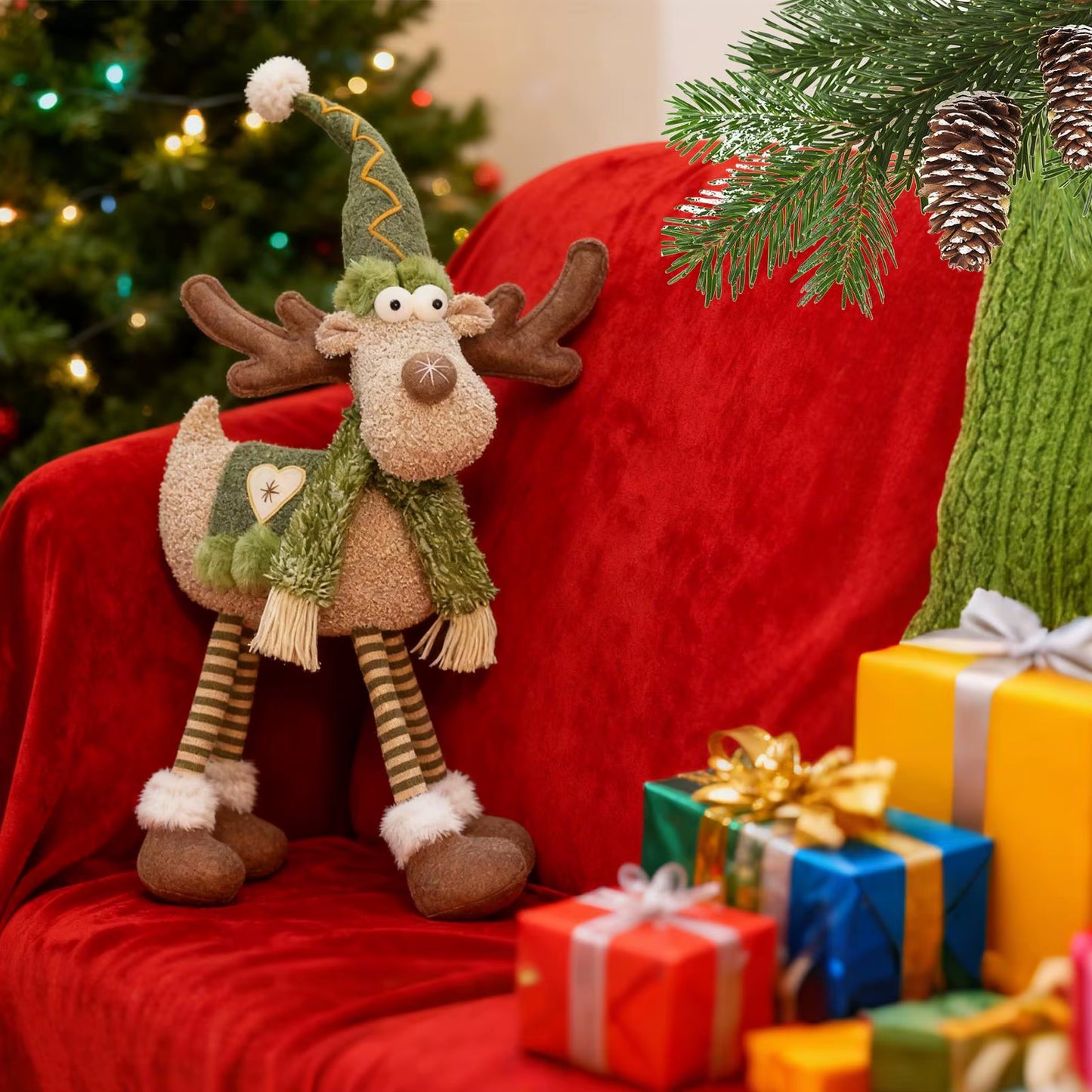 Retractable Reindeer Doll Christmas Festive Christmas Figurines Deco Stuffed Reindeer Doll Ornament for Window Party Hotel Home