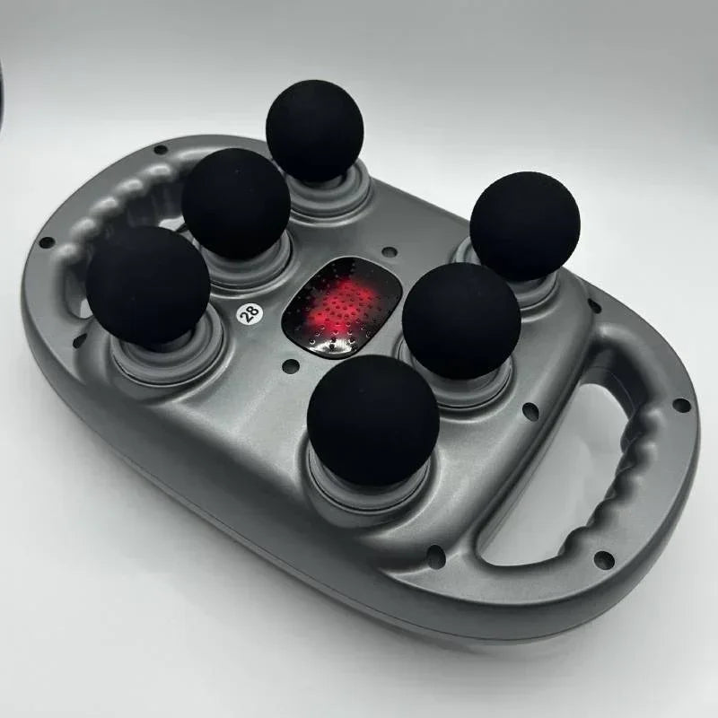 SP!NECK massager device with six black massage nodes and red heat light, ergonomic design