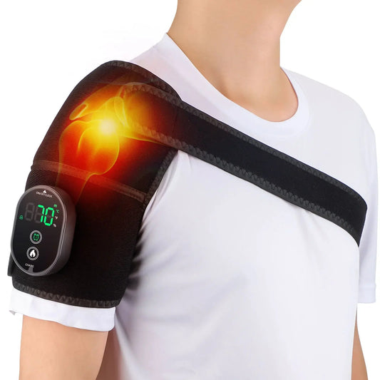 Person wearing an electronic shoulder brace with LED display for pain relief and posture support