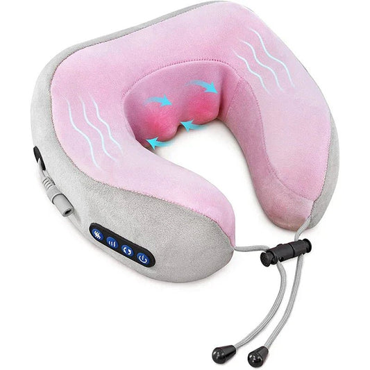 SP!NECK™ pink and gray ergonomic neck massage pillow with control buttons, shown on white background.