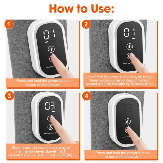 How to use SP!NECK Smart Leg Massager, step-by-step guide with device and display screen