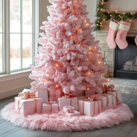 48 Inch Faux Fur Christmas Tree Skirt Pink Plush Skirt for Merry Christmas Party Christmas Tree Decoration