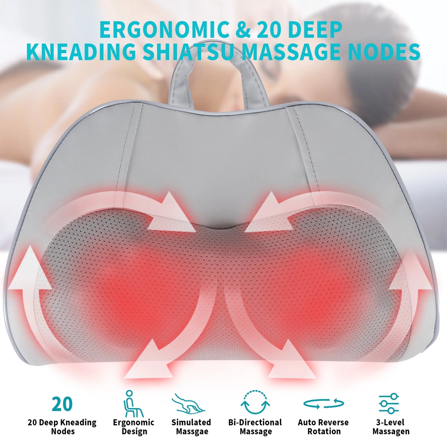 Back Massager with Heat –3D Kneading Massage Pillow, Heated Support for Home and Office Chairs, Gray