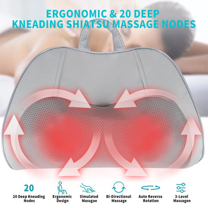 Back Massager with Heat –3D Kneading Massage Pillow, Heated Support for Home and Office Chairs, Gray
