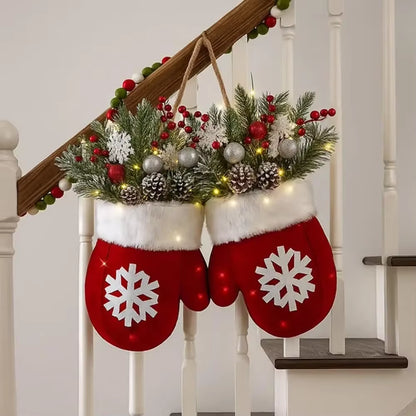 1Pcs Twinkling Christmas Mitten Wreath Christmas Lighted Werath Front Door Artificial Garland for Party Wall Decoration