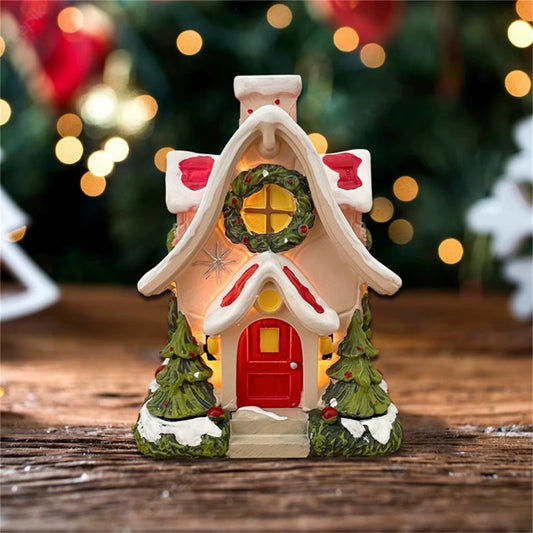 Log Cabin Christmas Decorations Luminous Resin Snow House Table Top Desktop Home Decorations New Year Gifts Party Supplies