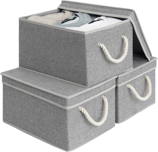 Storageworks Storage Bins with Lids, Decorative Storage Boxes with Lid and Soft Rope Handles, Foldable Storage Baskets for Closet, Shelves, Stackable, 3-Pack, Gray, Large