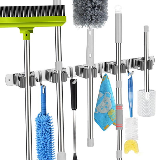 Voze 5 Racks and 4 Hooks Mop and Broom Holder Wall Mount