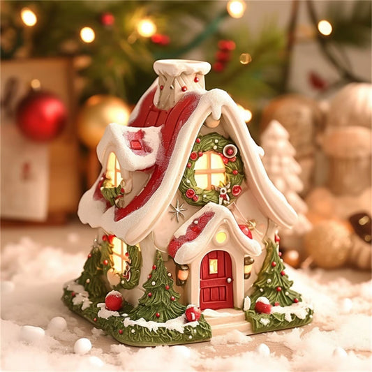 Log Cabin Christmas Decorations Luminous Resin Snow House Table Top Desktop Home Decorations New Year Gifts Party Supplies
